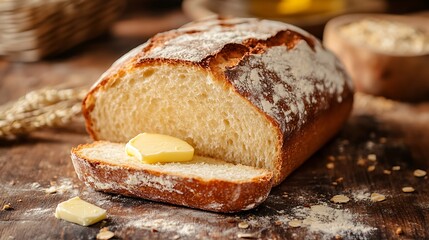 A warm loaf of bread with butter on a wooden table