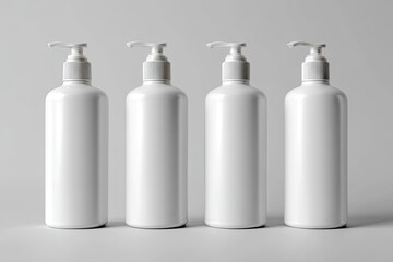 Four identical white plastic pump bottles,  aligned against a plain gray background
