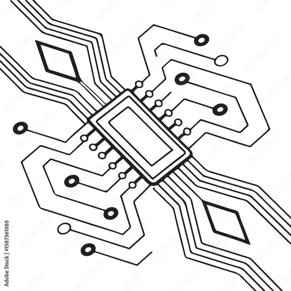 Poster a black and white line drawing depicts a stylized computer chip connected by circuit paths, resembli
