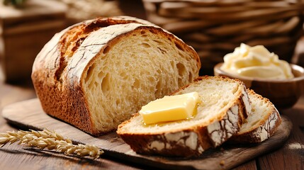 A warm loaf of bread with butter on a wooden table