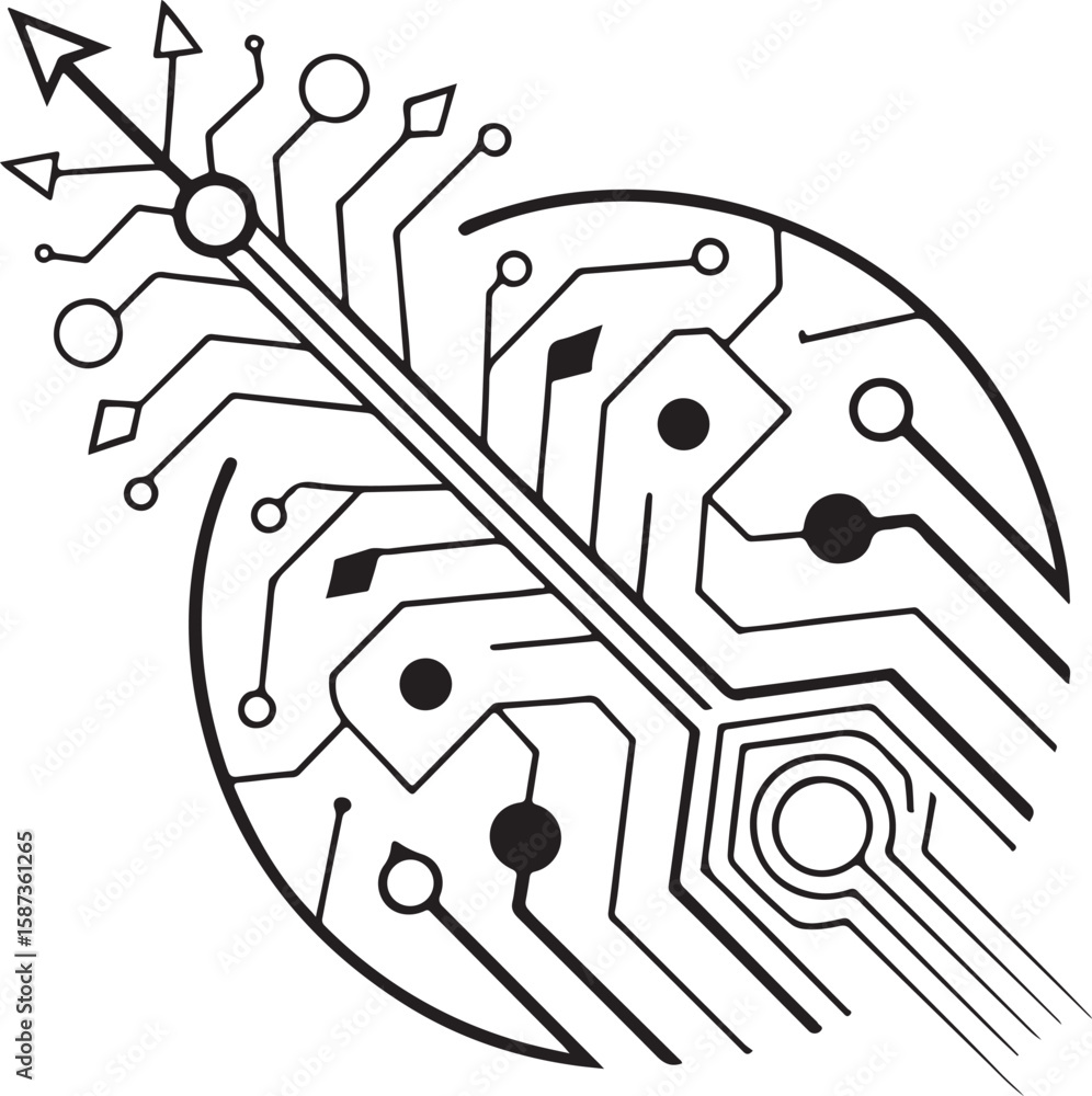 Poster an abstract illustration features a circuit board pattern with arrows suggesting technological advan