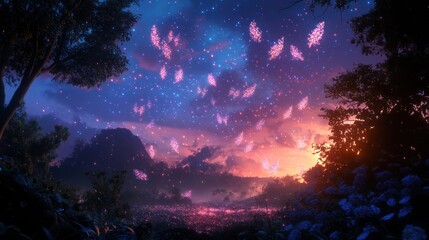 Ethereal garden at twilight, glowing butterflies illuminate the floral landscape