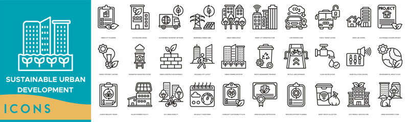 Sustainable Urban Development Icon set. Green City Planning, Eco Building Design, Sustainable Transport Network, Renewable Energy Grid, Urban Green Space and Smart City Infrastructure