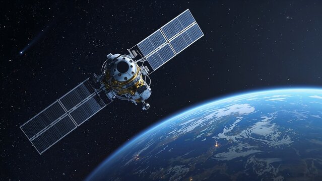 A futuristic telecommunication satellite with solar panels in orbit above planet Earth, a concept of global network and space exploration.