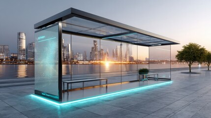 Futuristic bus stop with sleek glass and metal design, glowing floor strip, smart minimal shelter, morning light, modern city background, no people, soft shadows, realistic, 3D render