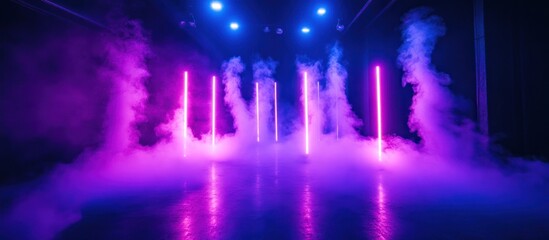 Neon light pillars amidst ethereal smoke, creating a captivating, futuristic stage presence