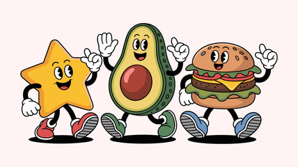 Retro cartoon characters star avocado and hamburger dancing together