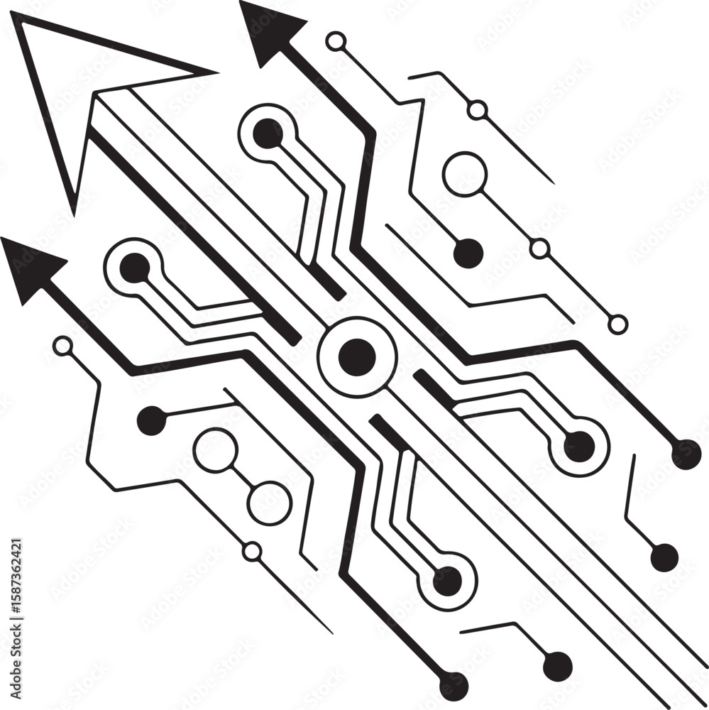 Poster an abstract illustration features a circuit board pattern with arrows suggesting technological advan
