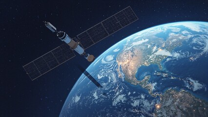 Fototapeta premium Orbital Satellite Above Earth Technology and Space Exploration Imagery (Concept)
