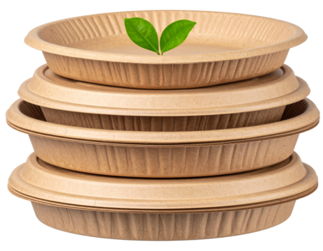 Stack of biodegradable food containers with green leaf imprint, isolated on a transparent background