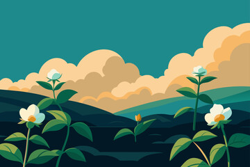 Obraz premium A cartoon illustration of a vibrant spring landscape with flowers, a green meadow, and a blue sky with clouds