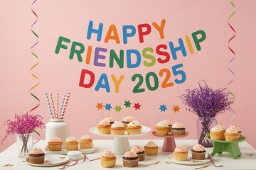Celebration with colorful cupcakes and festive decorations for happy friendship day 2025
