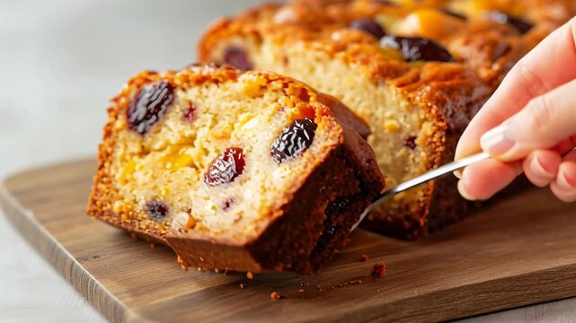 A close-up of sliced fruitcake loaf with visible cherries and nuts, resting on a wooden board.
