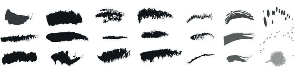 Creative artistic black brush strokes collection isolated on white, featuring various painting styles and artistic texture for design elements, transparent background