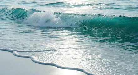 Clear, teal ocean waves crash onto a pristine white sandy beach with shimmering sunlight, visualizing Data Tides as dynamic natural elements.