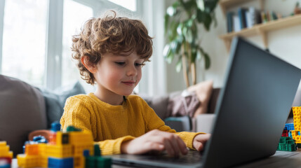 Young boy with curly hair using a laptop computer at home near colorful building blocks on a table