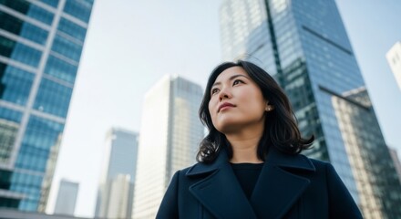 Urban Professional Woman Gazing at Skyscrapers in Downtown City Modern Architecture Business Environment Inspirational Viewpoint Career Aspirations