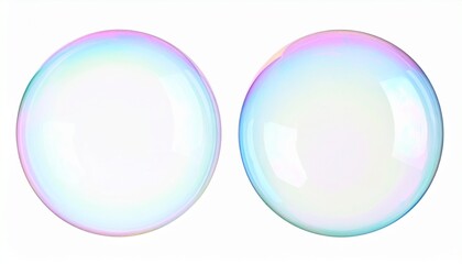 Obraz premium Two iridescent soap bubbles, spherical, transparent, pastel, floating, isolated, white background