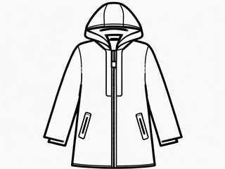 Simple black and white line art illustration of a hooded winter coat with a zipper closure and pockets.