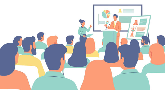 Business Presentation Speaker at Podium with Audience Illustration.