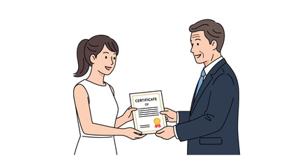 Fototapeta premium Certificate of Achievement Handed Between Two Smiling People.