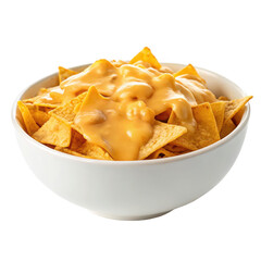  Crispy nachos in white bowl on transparent