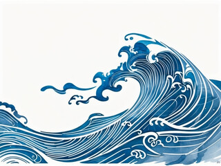 Stylized blue and white illustration of large ocean waves with intricate swirling patterns, reminiscent of traditional Japanese art.