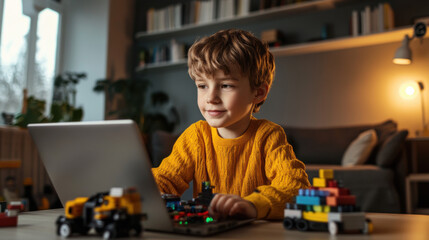 Young boy using a laptop with building blocks on a table in a cozy living room setting at home