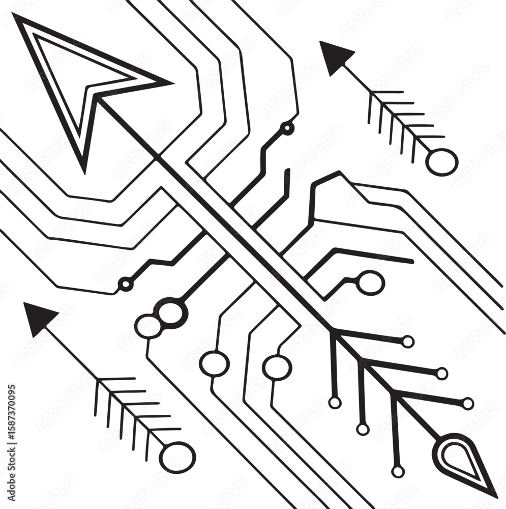 Aufkleber the image features stylized arrows intertwined with circuit board elements.