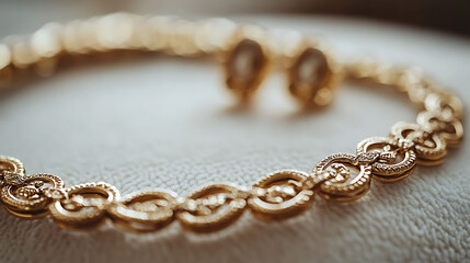 Obraz premium Close-up macro shot of intricate handmade gold necklace links with a blurred earring set in the background, all resting on off-white velvet