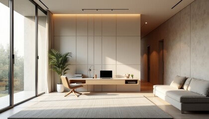 Minimalist living room with a functional workspace large windows and soft natural light