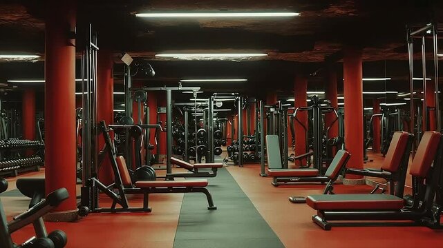 Red-lit gym with weight machines and benches