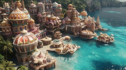 Vibrant fantasy coastal city