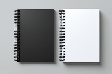 Two spiral-bound notebooks, black and white, lie flat on a gray surface