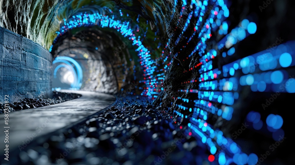 Poster abstract sci-fi tunnel with flowing digital lines, ai-themed environment and neural network symbolis