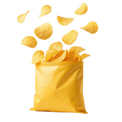 Crispy Potato chips fly out of yellow bag on transparent