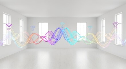 Colorful, translucent waves of wireless energy flow through a bright, empty room with multiple windows, symbolizing seamless network connectivity and the interwoven fabric of modern technology.