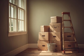 Empty room, boxes, ladder, window light