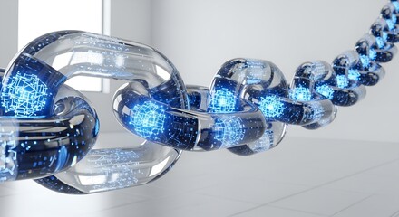Interconnected translucent blockchain links with glowing blue digital patterns, forming a seamless crystal chain representing a secure, connected digital network.