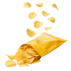 Crispy Potato chips fly out of yellow bag on transparent