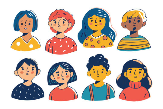 Diverse Expressions: A collection of stylized illustrated faces, showcasing a range of unique expressions and features. This collection celebrates individuality and diverse representation.