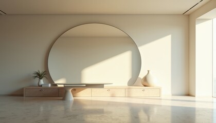 Minimalist room with large round mirror a console table with decor and sunlit floor