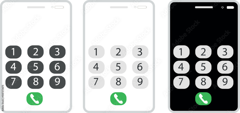 Poster three smartphones displaying number pads and a call button are presented in a light and dark theme d