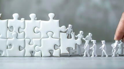 White puzzle being assembled by 9 figures in unison, clean design for team building concept