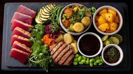 Seared tuna steak and grilled beef patty platter with assorted sides