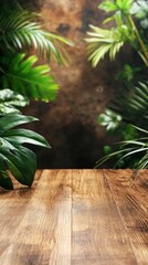 Wooden Table with Tropical Plant Backdrop Product Display