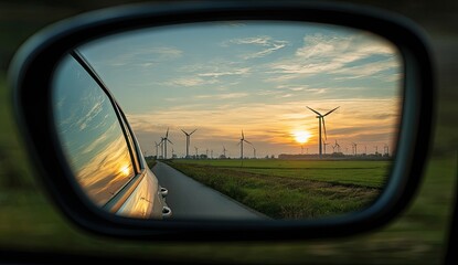 Sunset wind farm view in car side mirror