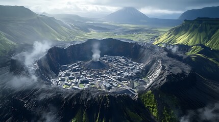 Volcanic crater cityscape aerial view