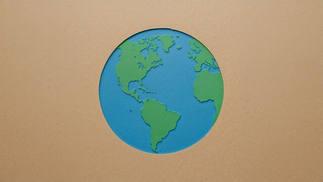 A simplified, stylized depiction of Earth with green continents and blue oceans against a tan background.