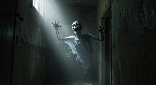 Creepy Skeleton Emerges in Dimly Lit Abandoned Hallway Scene